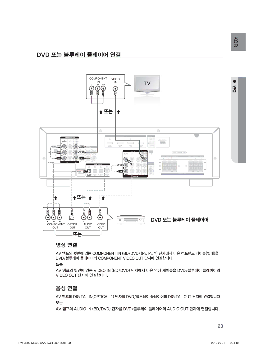 Samsung C560S manual Dvd 또는 블루레이 플레이어 연결, 영상 연결 