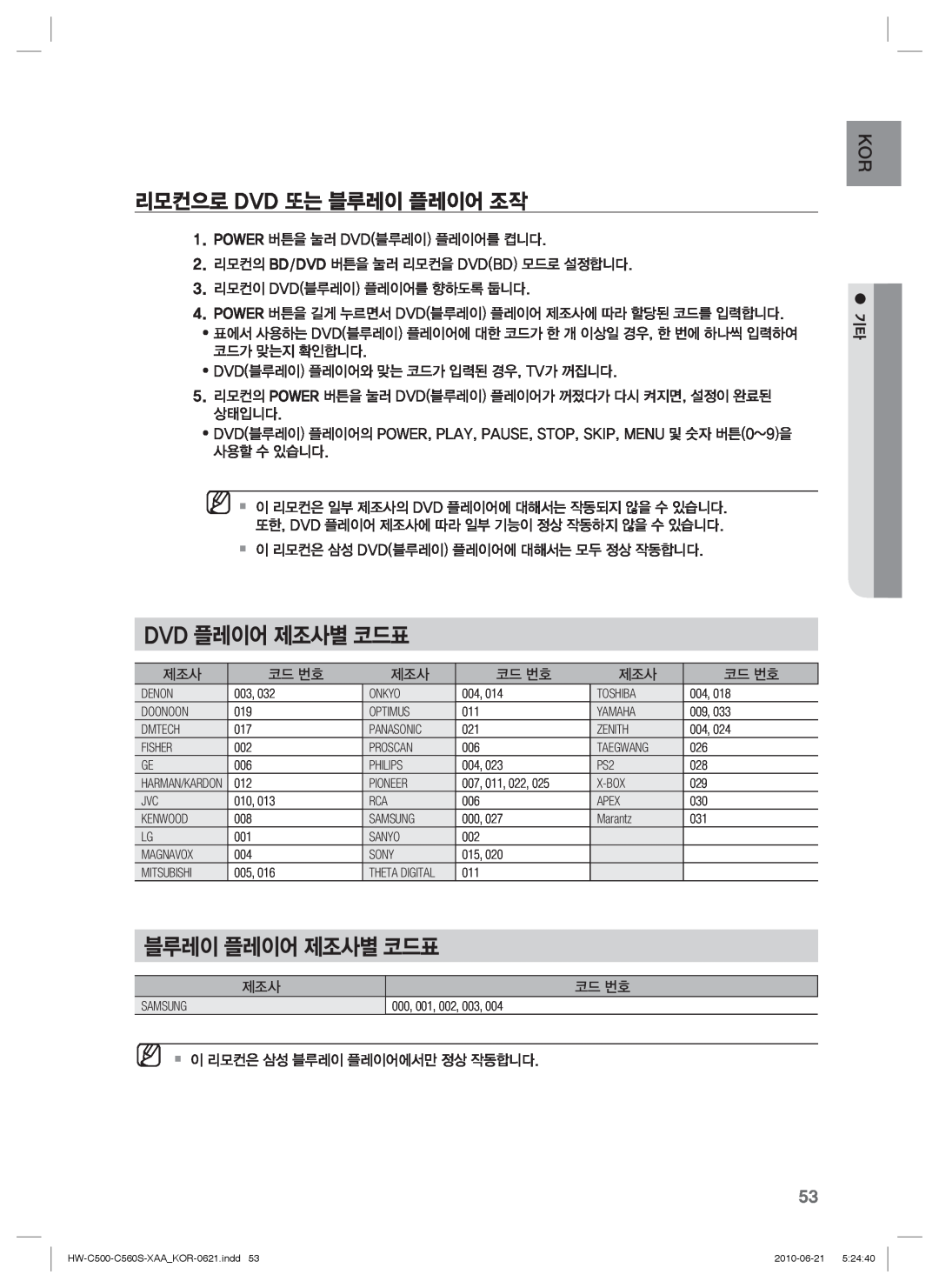 Samsung C560S manual Dvd 플레이어 제조사별 코드표, 블루레이 플레이어 제조사별 코드표, 리모컨으로 Dvd 또는 블루레이 플레이어 조작 