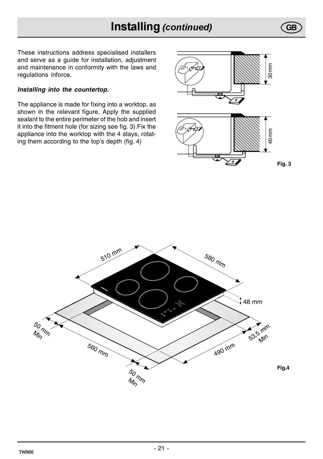 Samsung C61IDGNO/XEE manual Installing into the countertop 