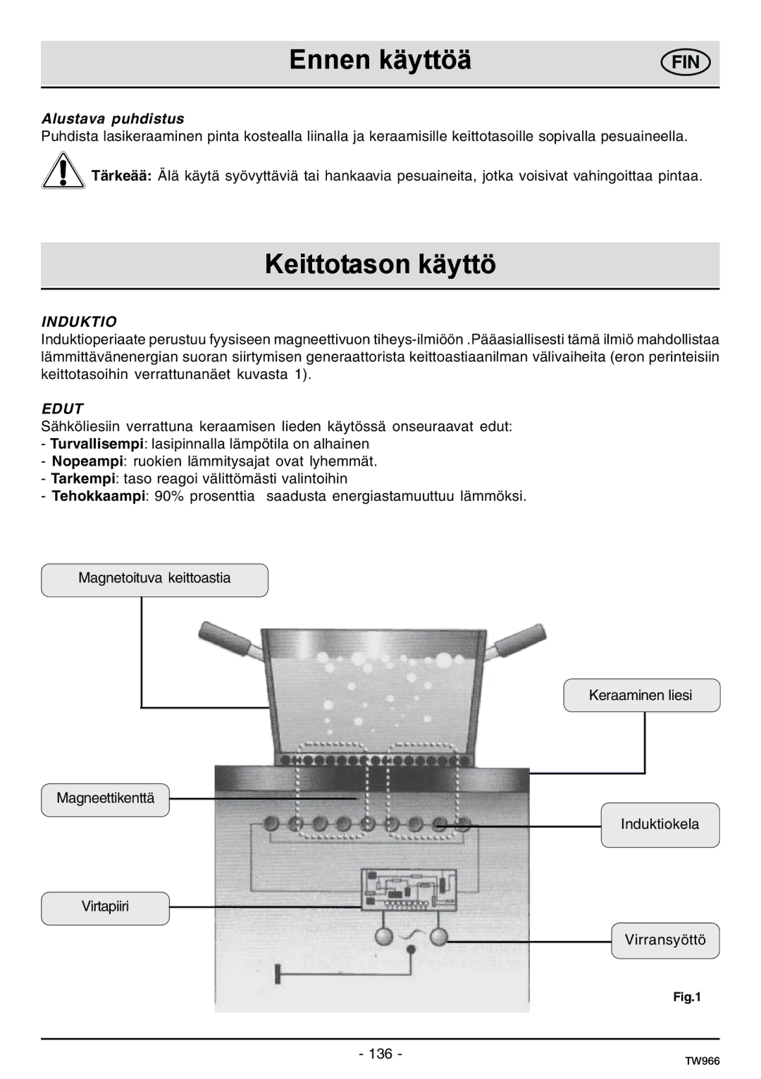 Samsung C61IDGNO/XEE manual Ennen käyttöä, Keittotason käyttö, Alustava puhdistus 