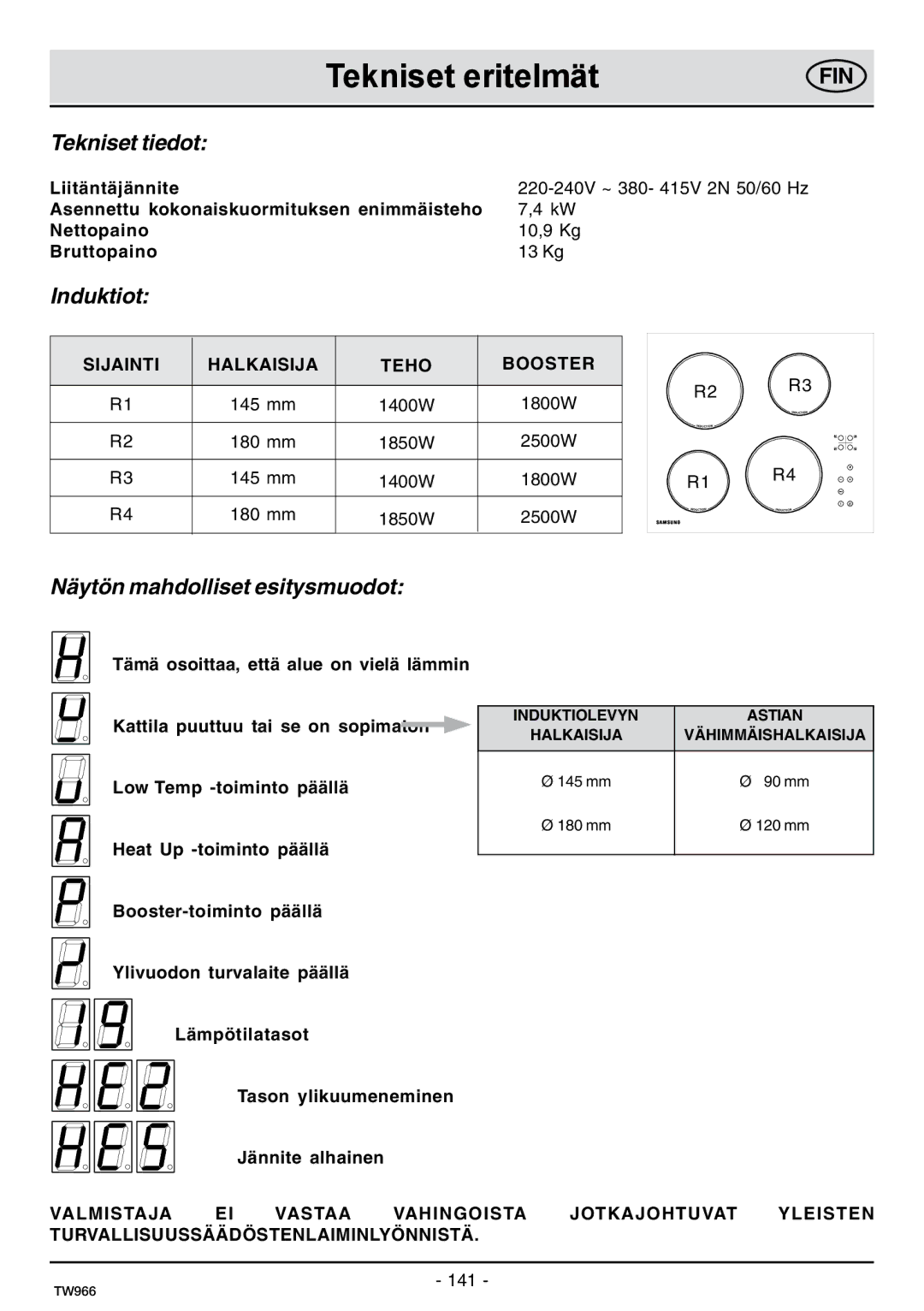 Samsung C61IDGNO/XEE manual Tekniset eritelmät, Tekniset tiedot 