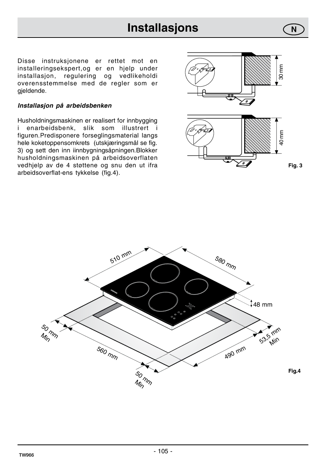 Samsung C61IDGNO/XEE manual Installasjons, Installasjon på arbeidsbenken 