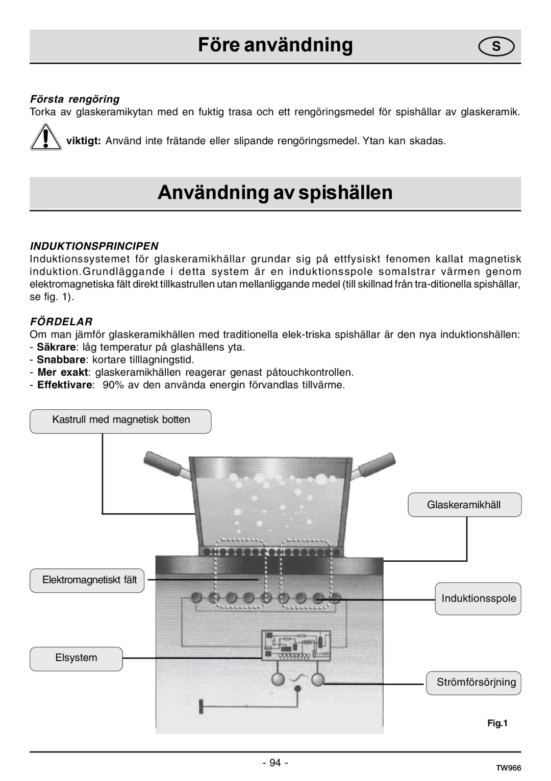 Samsung C61IDGNO/XEE manual Före användning, Användning av spishällen, Första rengöring 