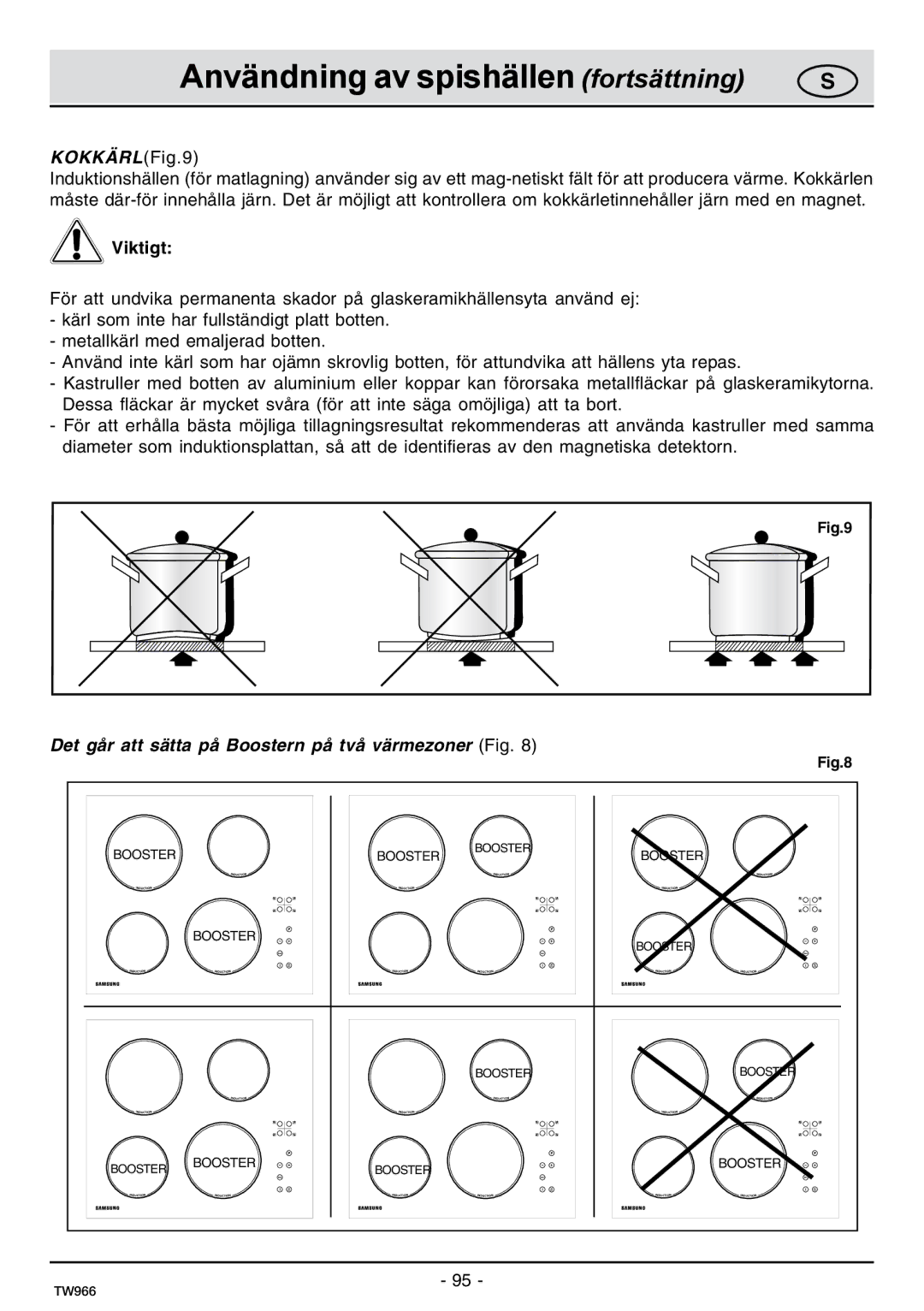 Samsung C61IDGNO/XEE manual Användning av spishällen fortsättning, KOKKÄRLFig.9 