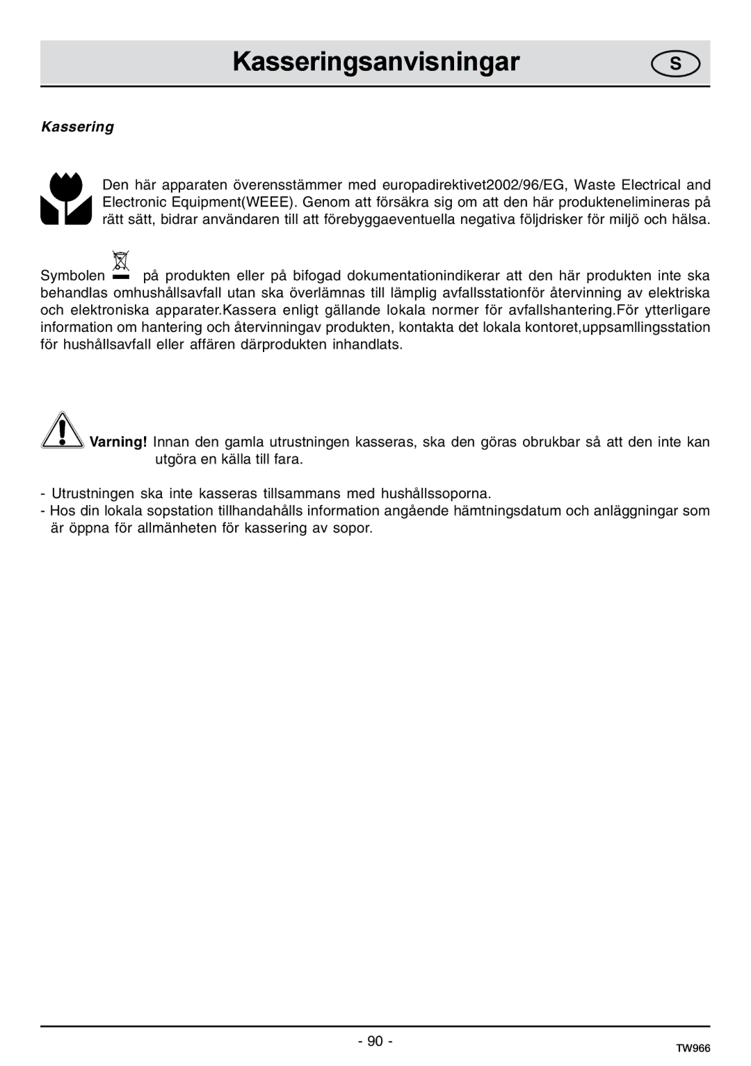 Samsung C61IDGNO/XEE manual Kasseringsanvisningar 