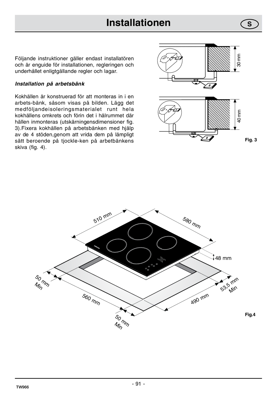 Samsung C61IDGNO/XEE manual Installationen, Installation på arbetsbänk 