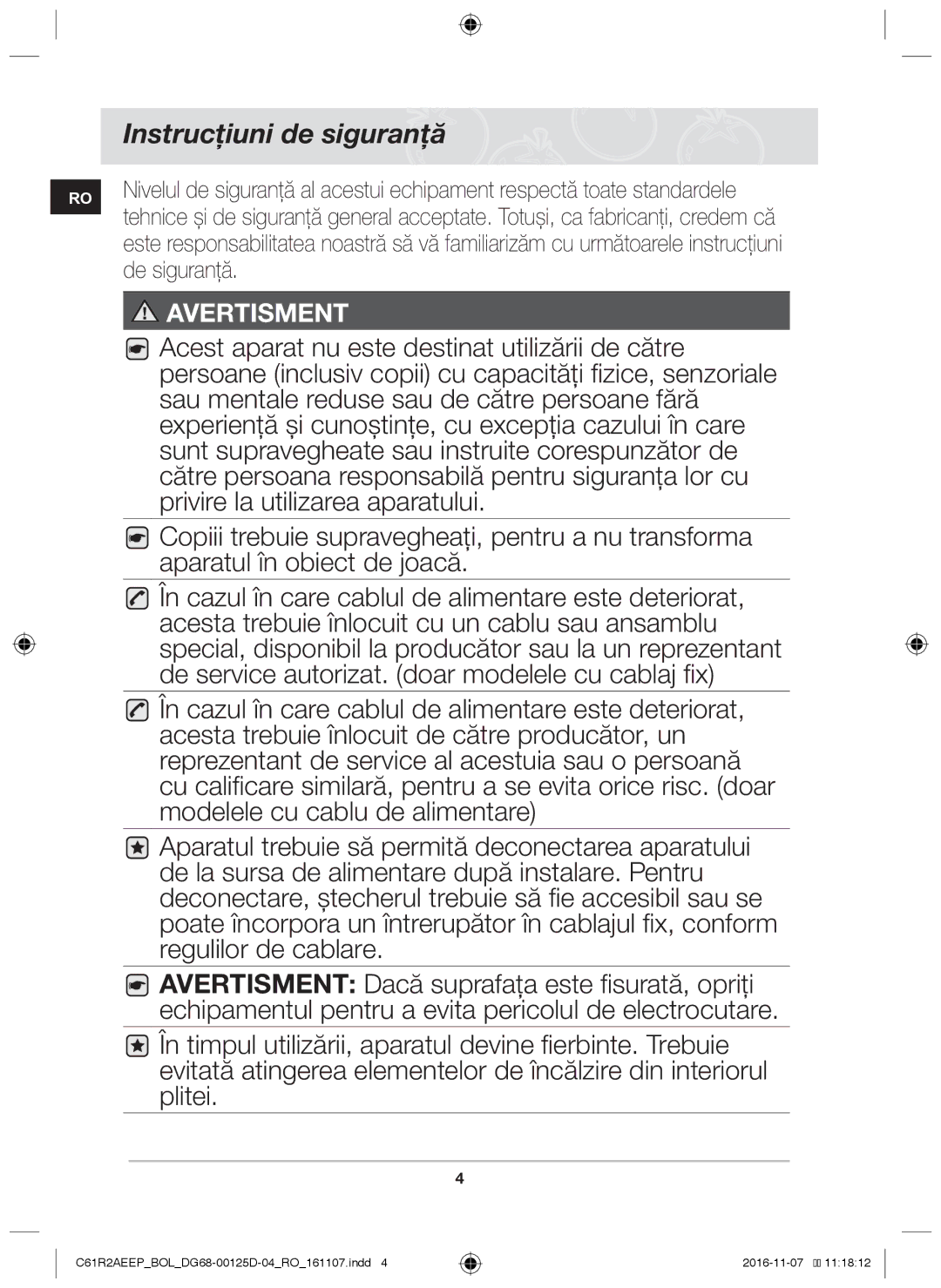 Samsung C61R2AAST/BOL, C61R2AAST/XEH manual Instrucţiuni de siguranţă 