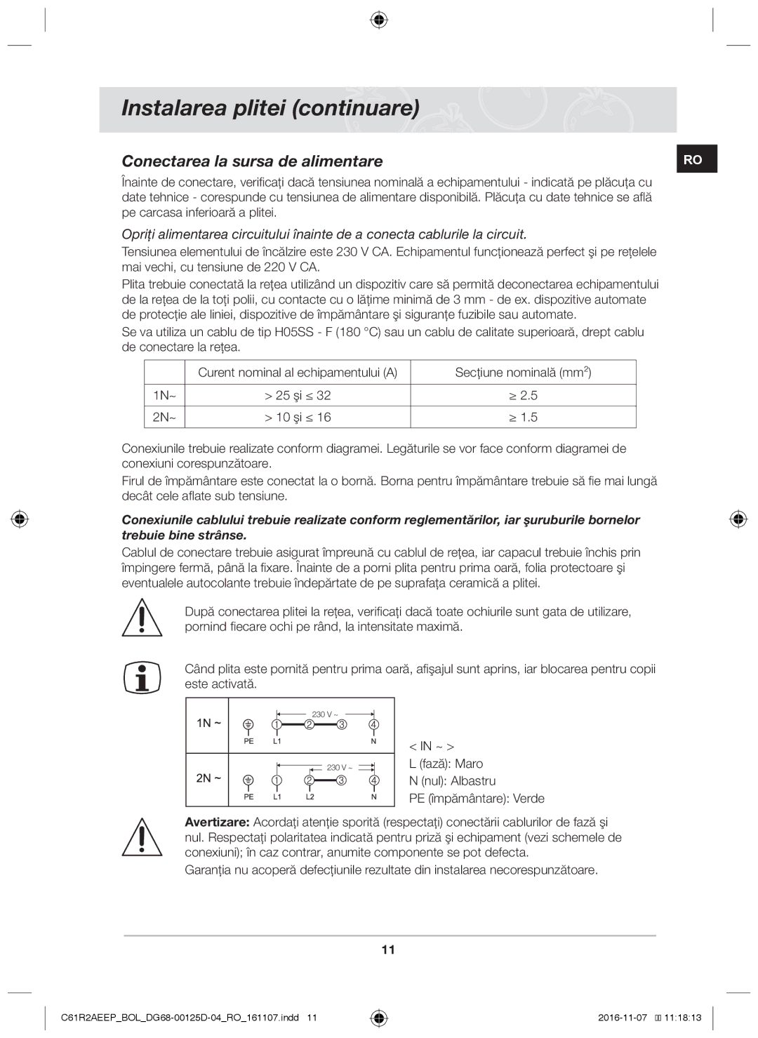 Samsung C61R2AAST/XEH, C61R2AAST/BOL manual Instalarea plitei continuare, Conectarea la sursa de alimentare, 2N~ 