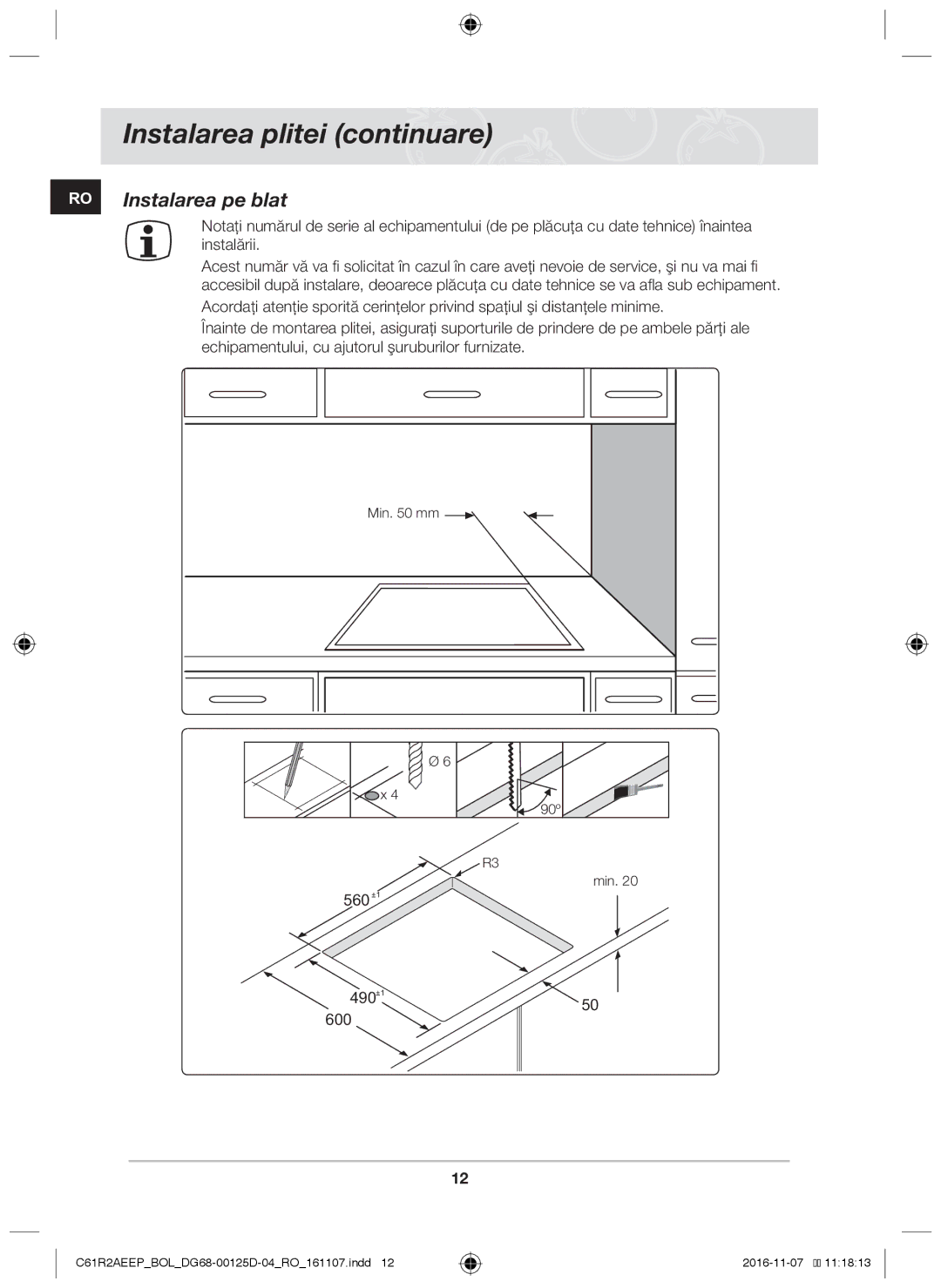 Samsung C61R2AAST/BOL, C61R2AAST/XEH manual RO Instalarea pe blat, 560+1 490+1 