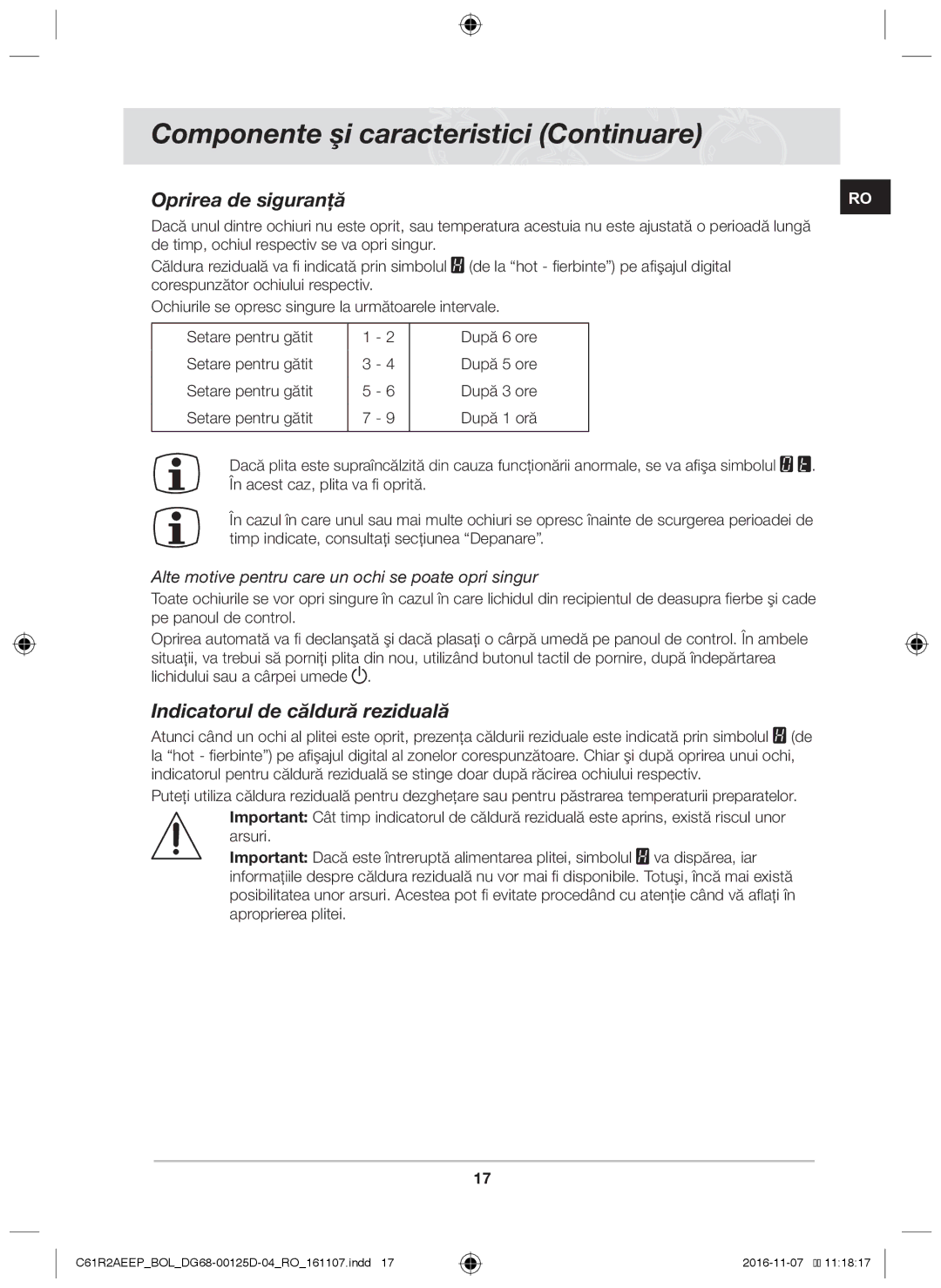 Samsung C61R2AAST/XEH, C61R2AAST/BOL manual Oprirea de siguranţă, Indicatorul de căldură reziduală 