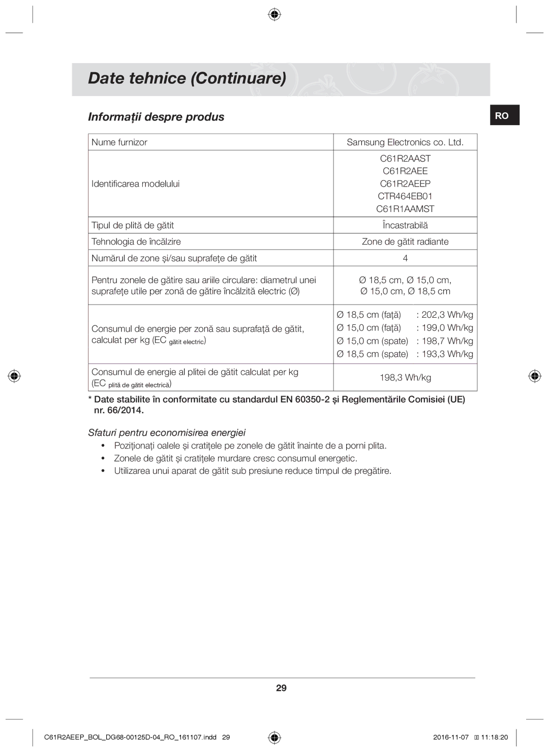 Samsung C61R2AAST/XEH, C61R2AAST/BOL manual Date tehnice Continuare, Informaţii despre produs 