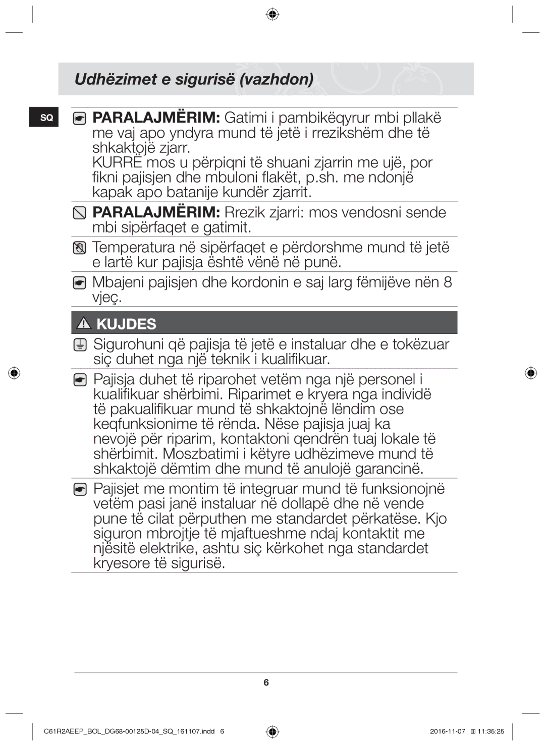 Samsung C61R2AAST/BOL, C61R2AAST/XEH manual Paralajmërim Gatimi i pambikëqyrur mbi pllakë 