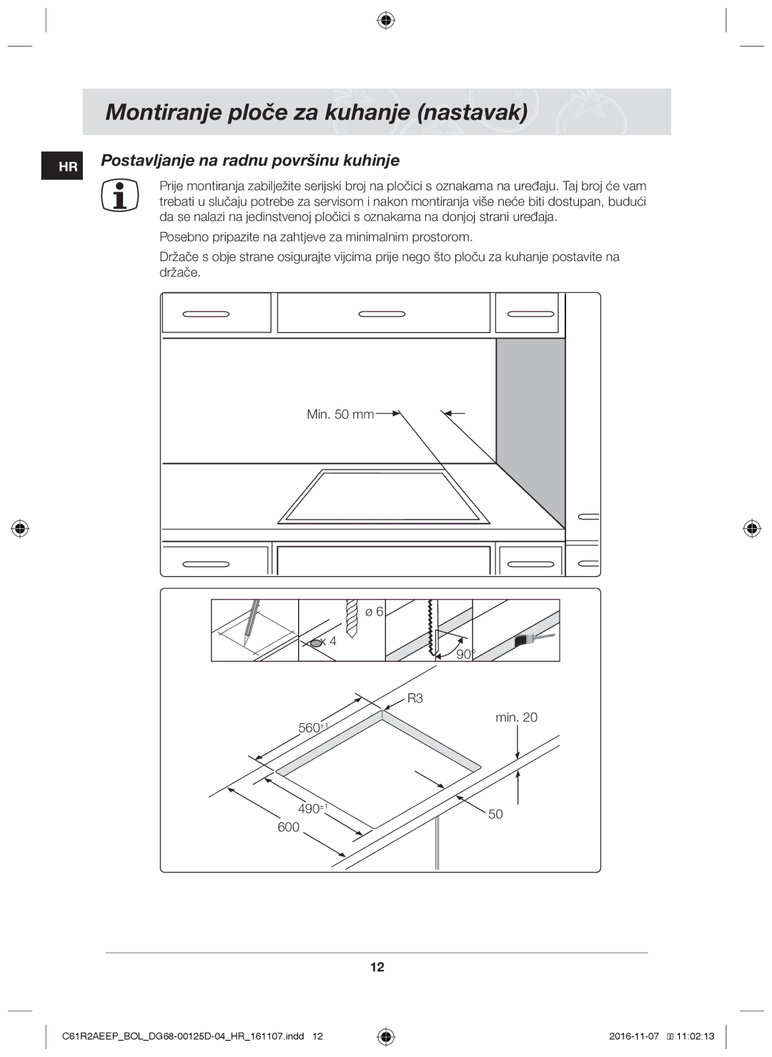 Samsung C61R2AAST/BOL, C61R2AAST/XEH manual Postavljanje na radnu površinu kuhinje 