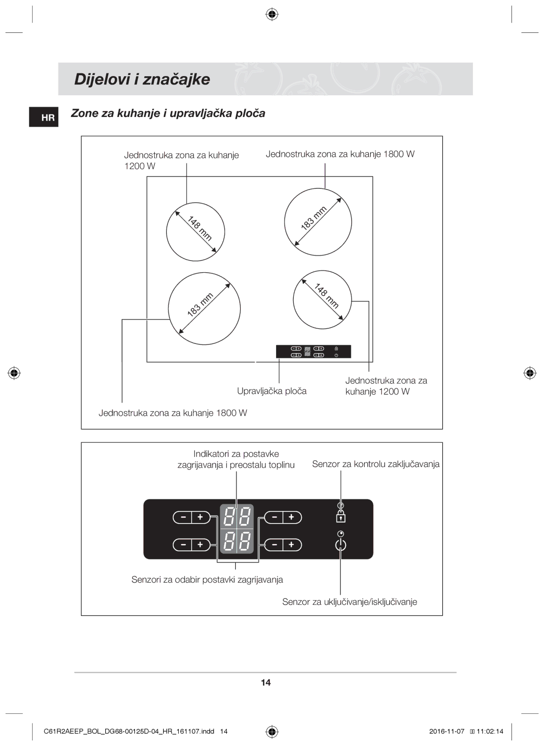 Samsung C61R2AAST/BOL, C61R2AAST/XEH manual Dijelovi i značajke, Zone za kuhanje i upravljačka ploča, Kuhanje 1200 W 