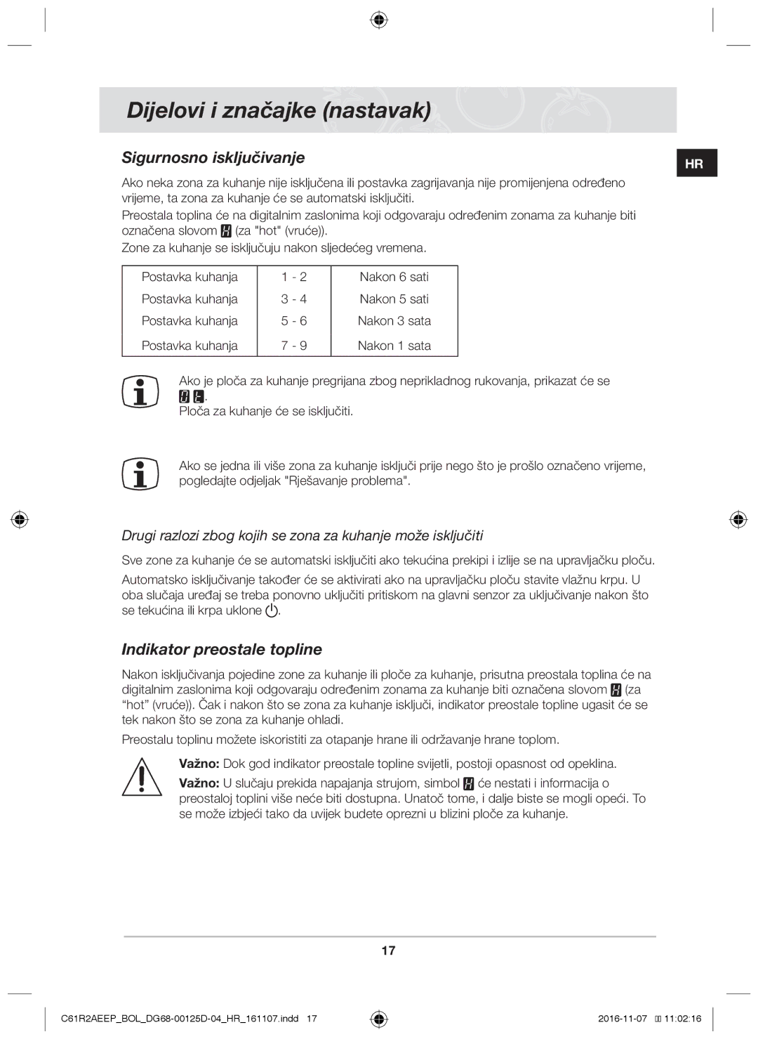 Samsung C61R2AAST/XEH, C61R2AAST/BOL manual Sigurnosno isključivanje, Indikator preostale topline 