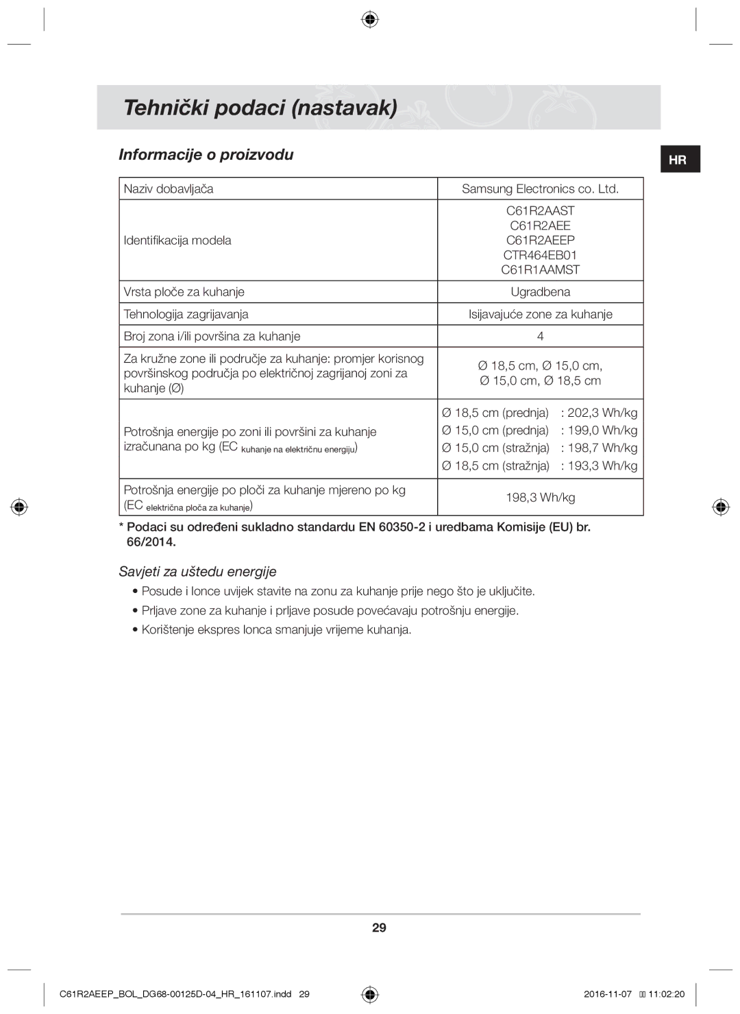 Samsung C61R2AAST/XEH, C61R2AAST/BOL manual Tehnički podaci nastavak, Informacije o proizvodu 