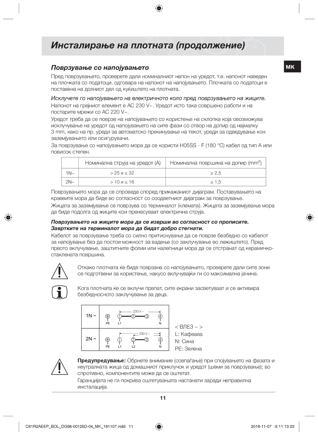 Samsung C61R2AAST/XEH Инсталирање на плотната продолжение, Поврзување со напојувањето, Номинална површина на допир mm² 