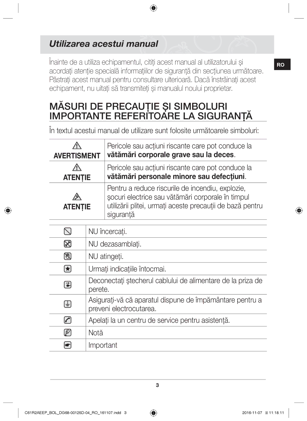 Samsung C61R2AAST/XEH, C61R2AAST/BOL Utilizarea acestui manual, Vătămări personale minore sau defecţiuni 