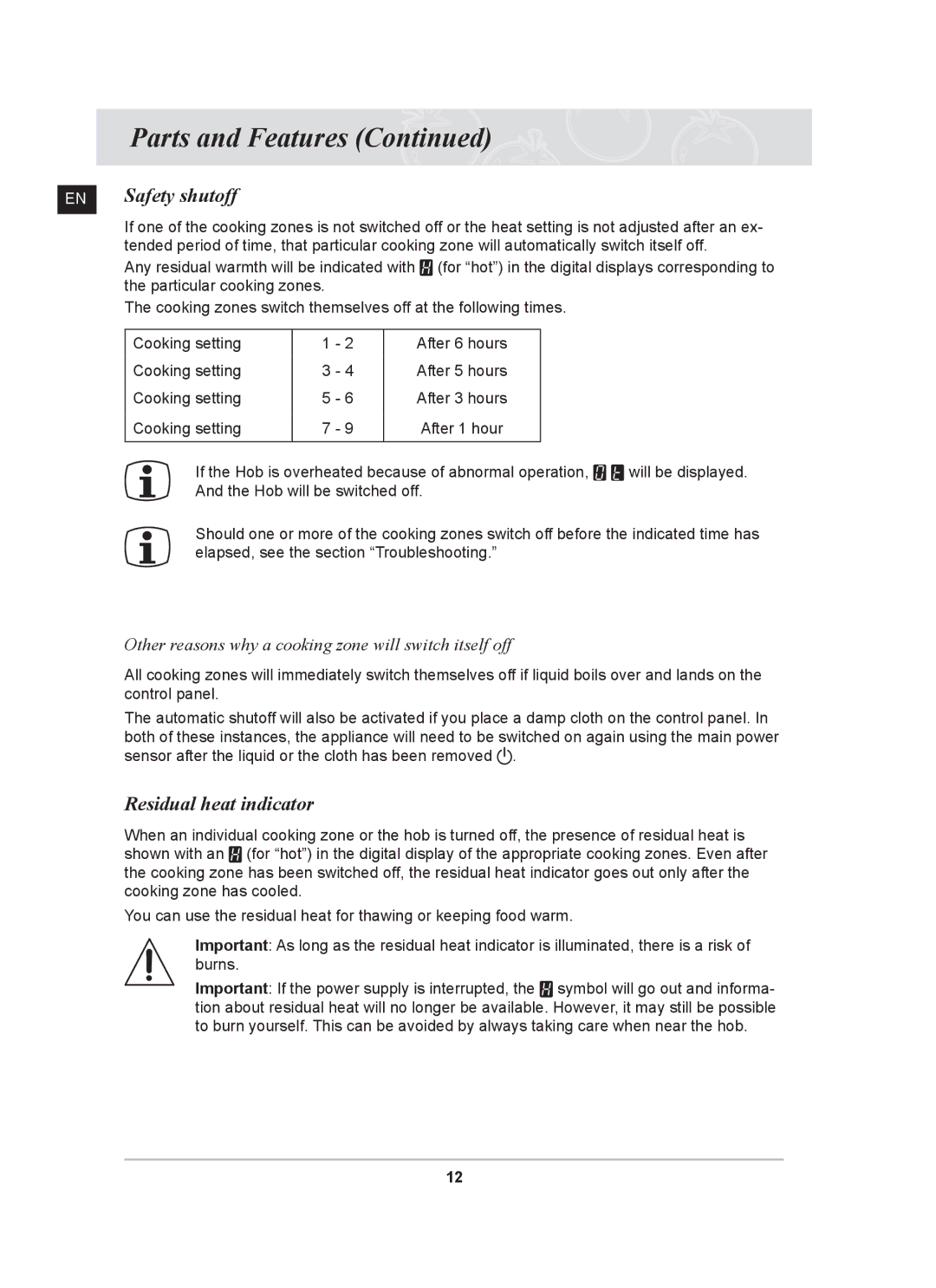 Samsung C61R2AAST/BOL EN Safety shutoff, Residual heat indicator, Other reasons why a cooking zone will switch itself off 