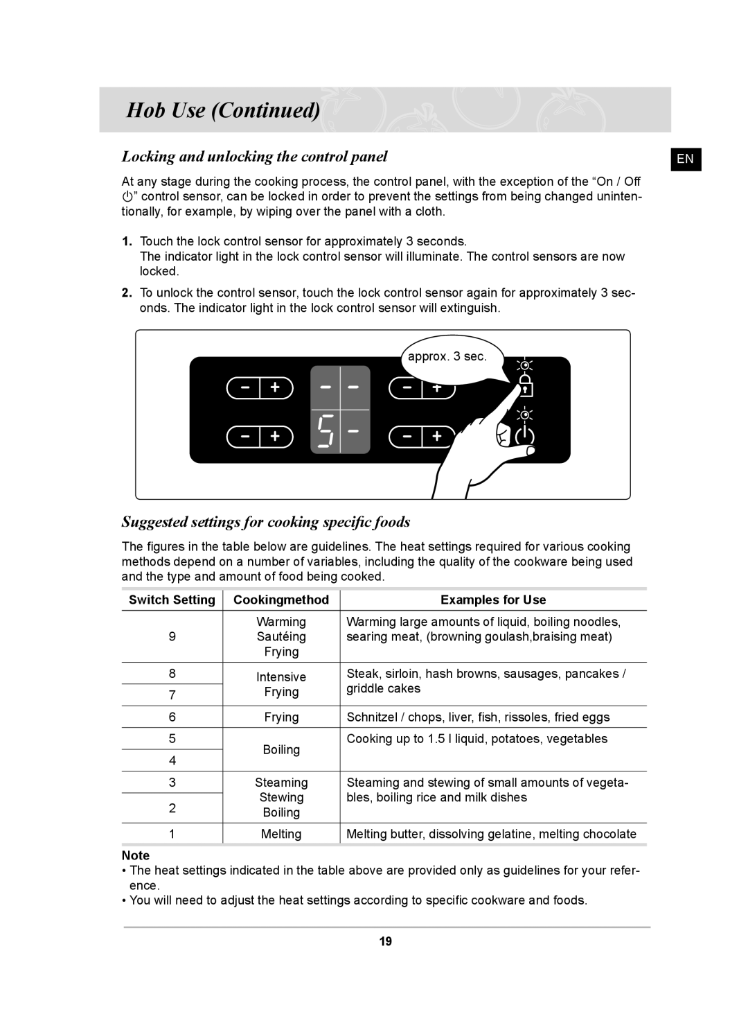 Samsung C61R2AAST/XEH, C61R2AAST/BOL Locking and unlocking the control panel, Suggested settings for cooking speciﬁc foods 