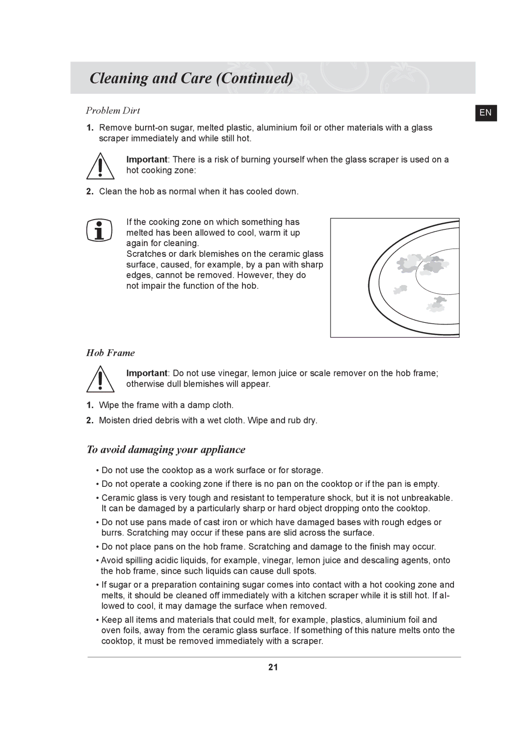 Samsung C61R2AAST/XEH, C61R2AAST/BOL manual To avoid damaging your appliance, Problem Dirt 