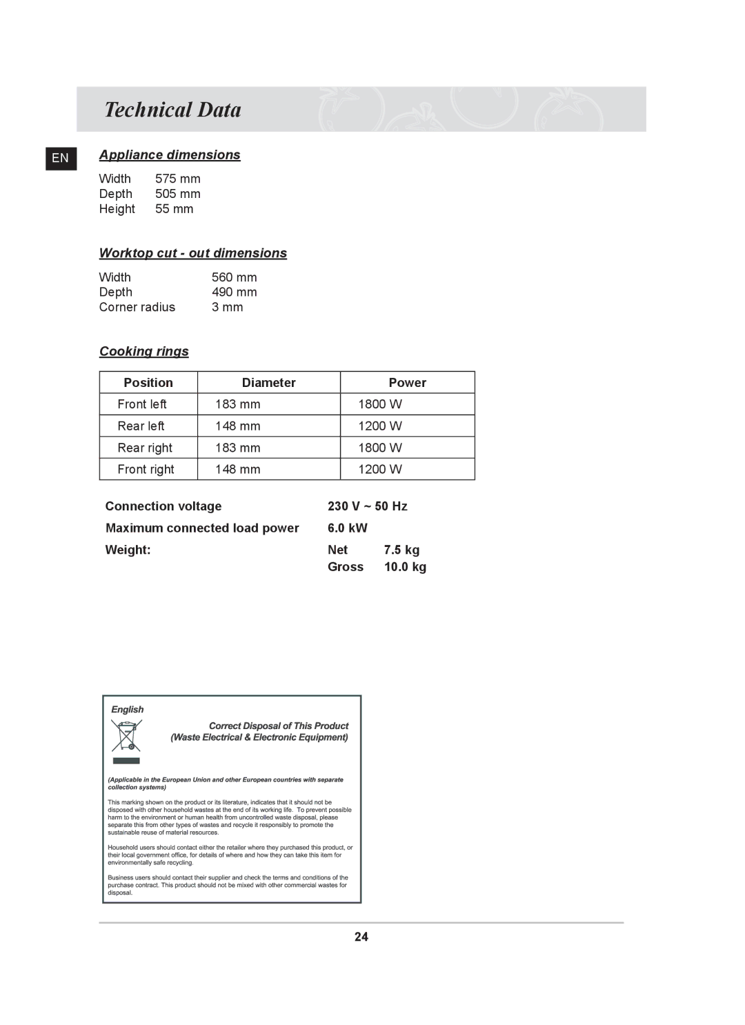 Samsung C61R2AAST/BOL, C61R2AAST/XEH manual Technical Data, Cooking rings 