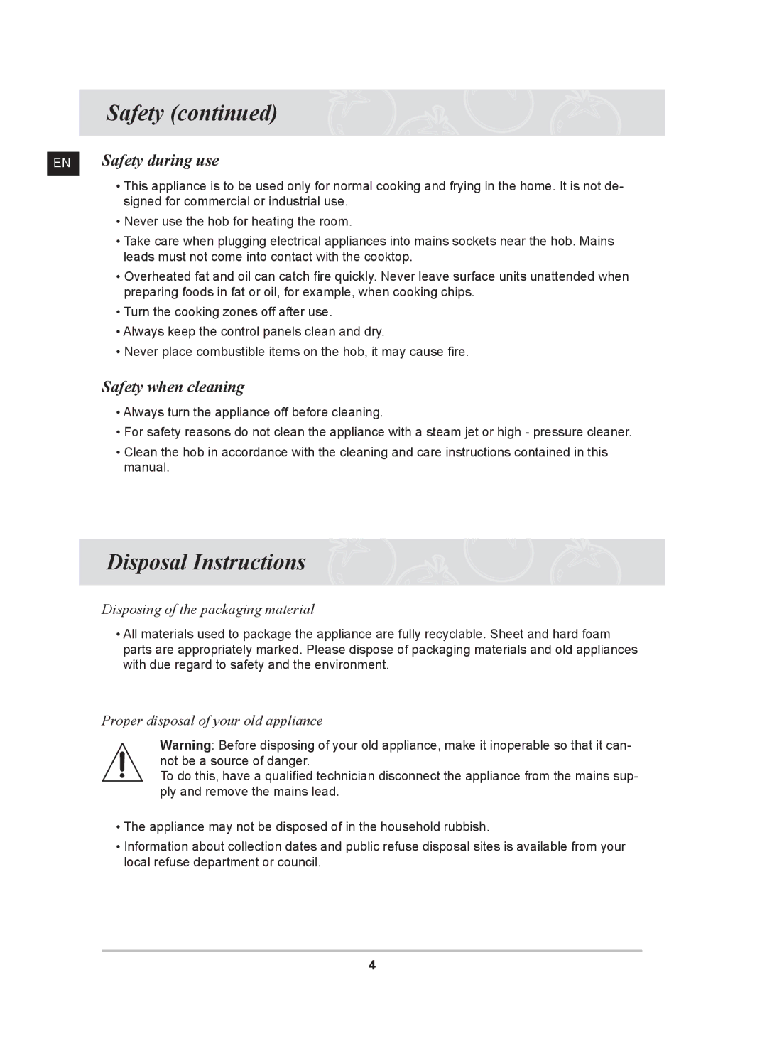 Samsung C61R2AAST/BOL, C61R2AAST/XEH manual Disposal Instructions, EN Safety during use, Safety when cleaning 