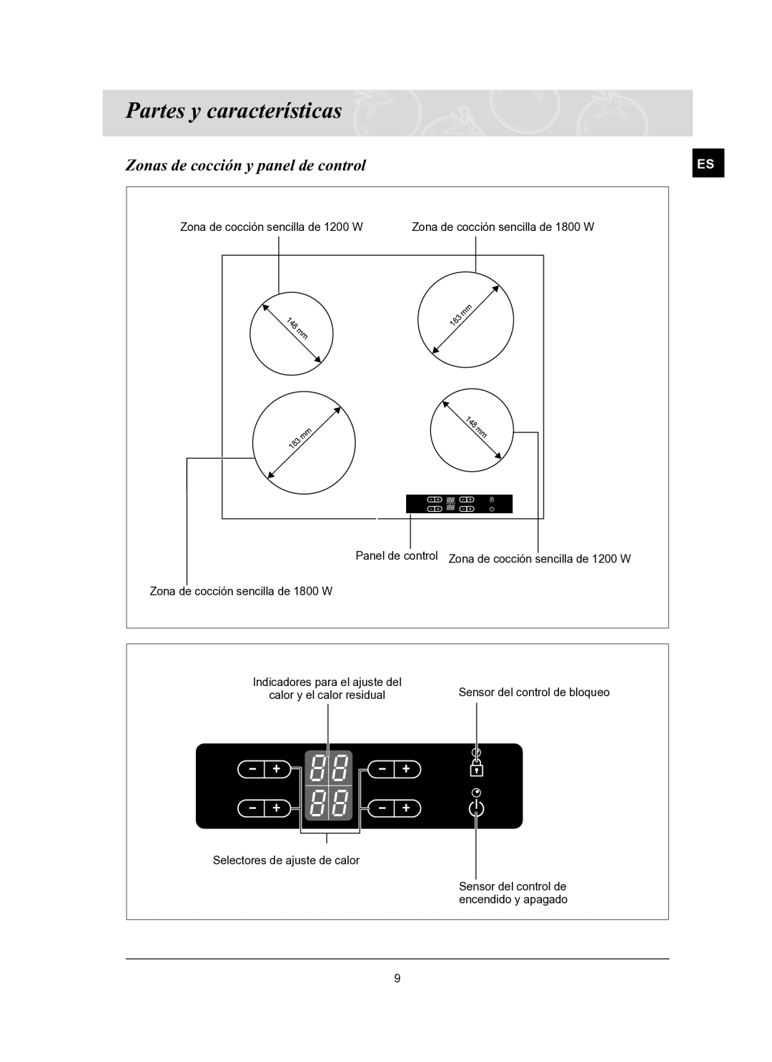 Samsung C61R2AAST/XEC manual Partes y características, Zonas de cocción y panel de control 