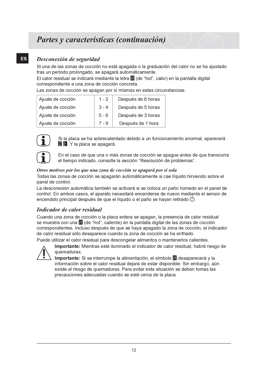 Samsung C61R2AAST/XEC manual Desconexión de seguridad, Indicador de calor residual 