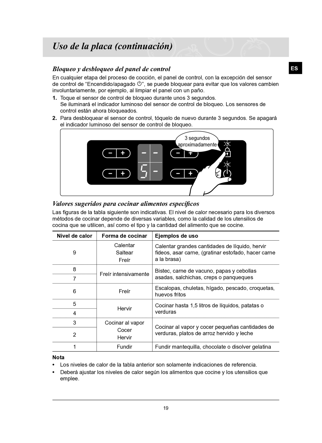 Samsung C61R2AAST/XEC manual Bloqueo y desbloqueo del panel de control, Valores sugeridos para cocinar alimentos especíﬁcos 