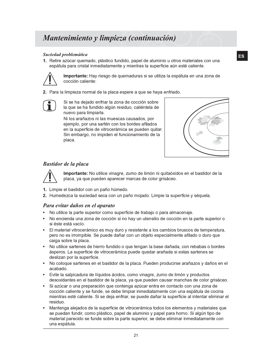 Samsung C61R2AAST/XEC manual Mantenimiento y limpieza continuación, Bastidor de la placa, Para evitar daños en el aparato 