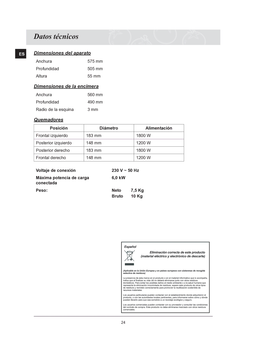 Samsung C61R2AAST/XEC manual Datos técnicos, Quemadores 