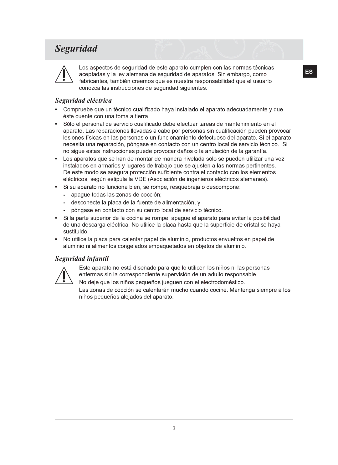 Samsung C61R2AAST/XEC manual Seguridad eléctrica, Seguridad infantil 