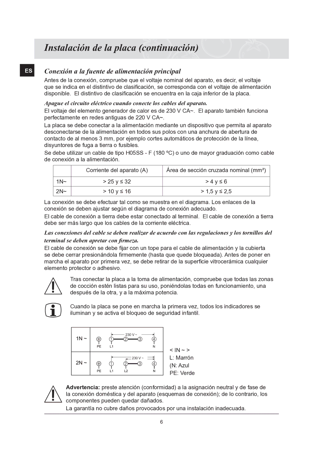 Samsung C61R2AAST/XEC manual Instalación de la placa continuación, Conexión a la fuente de alimentación principal 