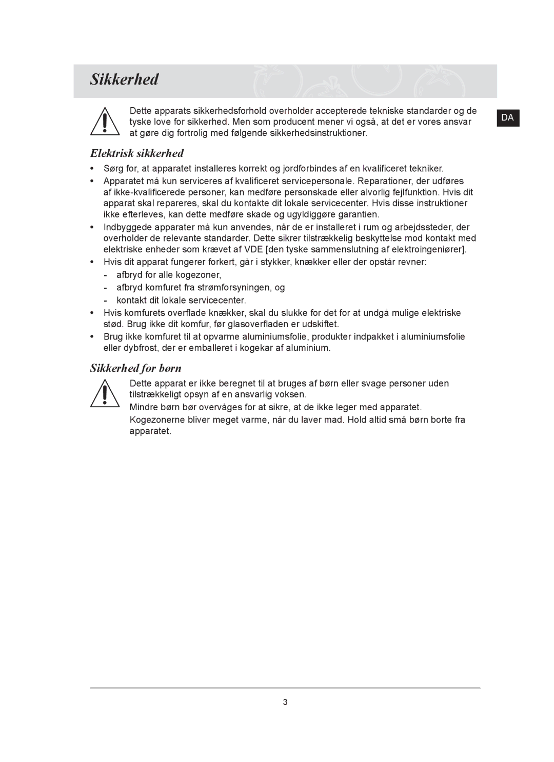 Samsung C61R2AAST/XEE manual Elektrisk sikkerhed, Sikkerhed for børn 