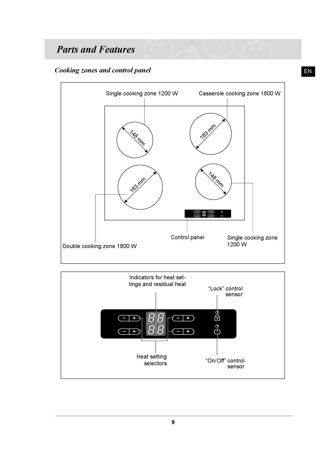 Samsung C61R2AAST/XEE manual Parts and Features, Cooking zones and control panel 