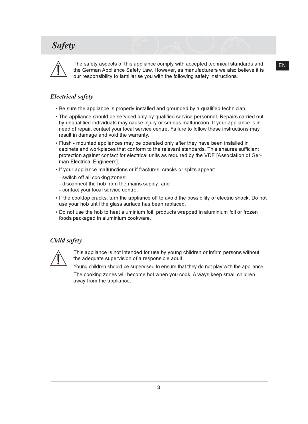 Samsung C61R2AAST/XEE manual Safety, Electrical safety, Child safety 