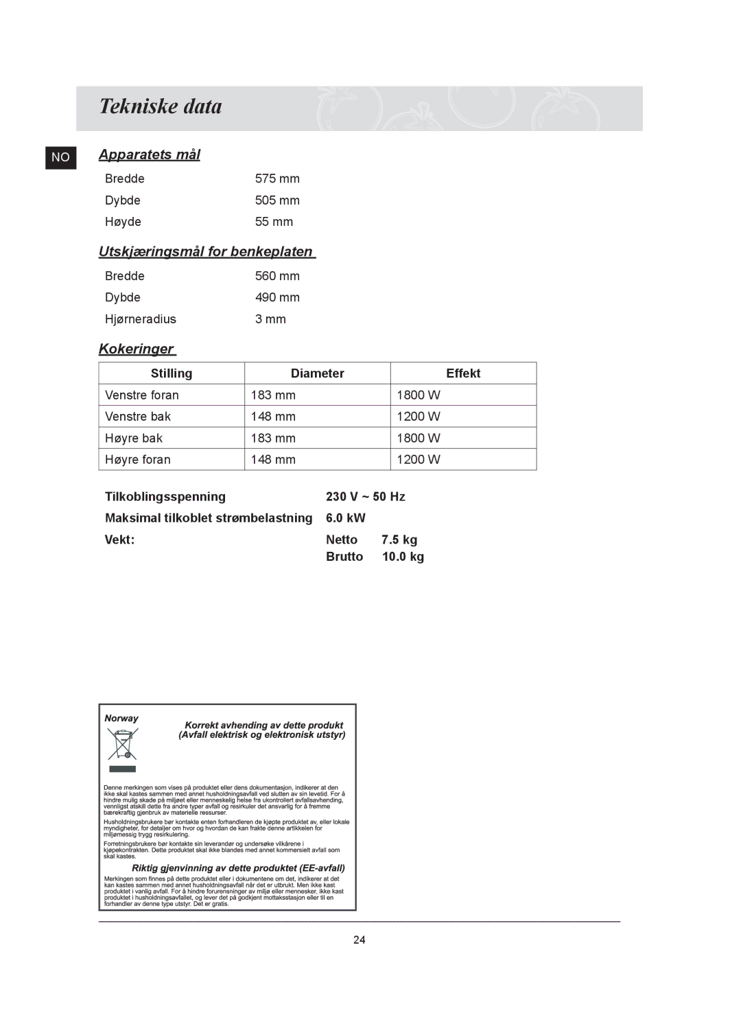 Samsung C61R2AAST/XEE manual Tekniske data, Kokeringer 