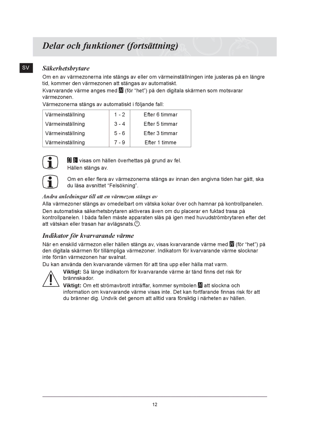 Samsung C61R2AAST/XEE manual SV Säkerhetsbrytare, Indikator för kvarvarande värme 