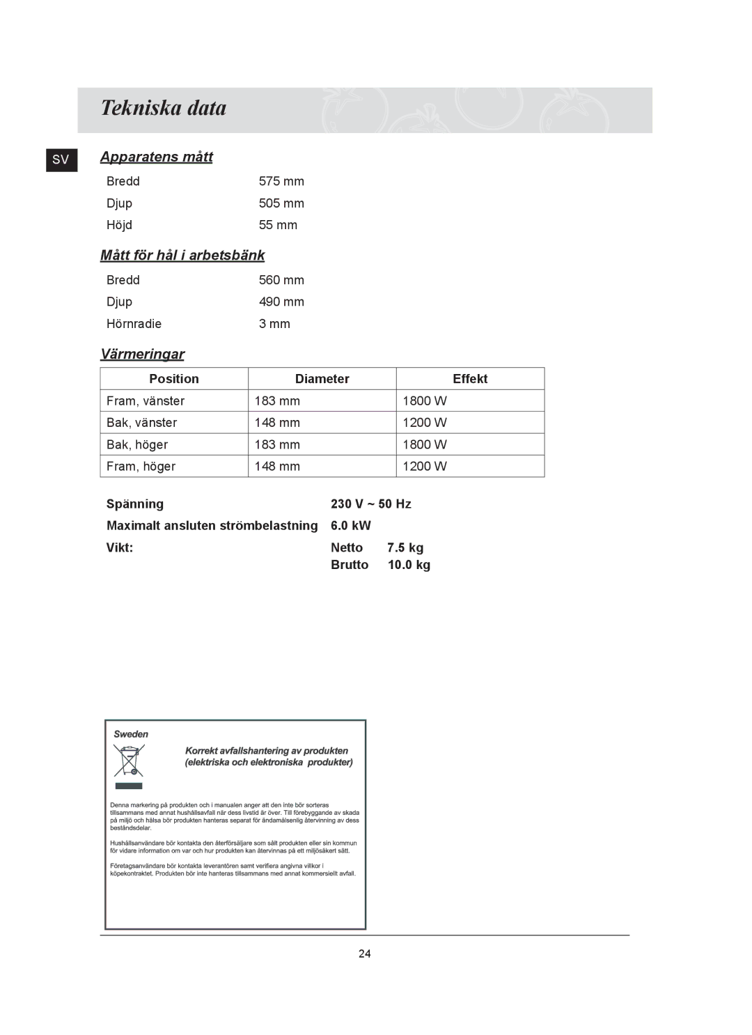 Samsung C61R2AAST/XEE manual Tekniska data, Värmeringar 