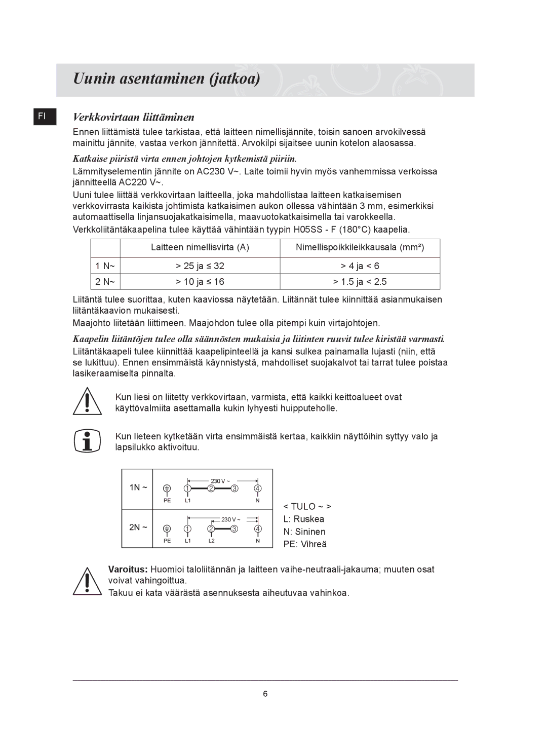 Samsung C61R2AAST/XEE manual Uunin asentaminen jatkoa, Verkkovirtaan liittäminen 