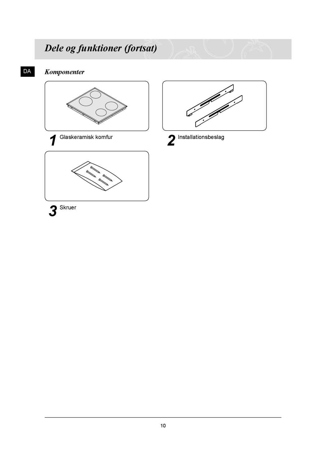 Samsung C61R2AAST/XEE manual Dele og funktioner fortsat, DA Komponenter 