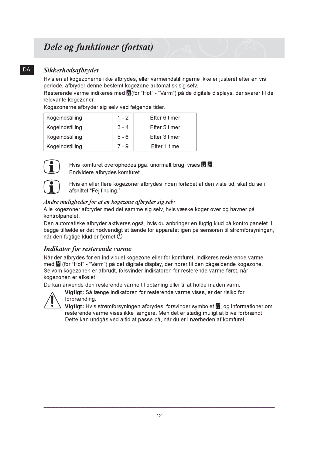 Samsung C61R2AAST/XEE manual DA Sikkerhedsafbryder, Indikator for resterende varme 