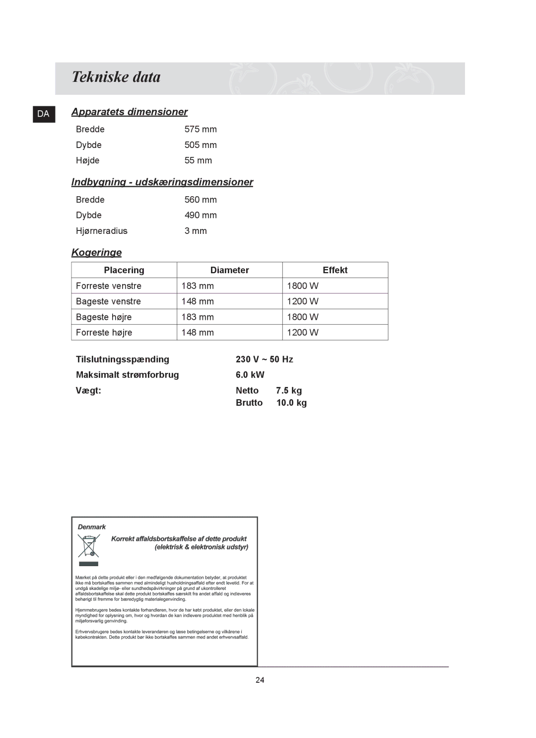 Samsung C61R2AAST/XEE manual Tekniske data, Kogeringe 