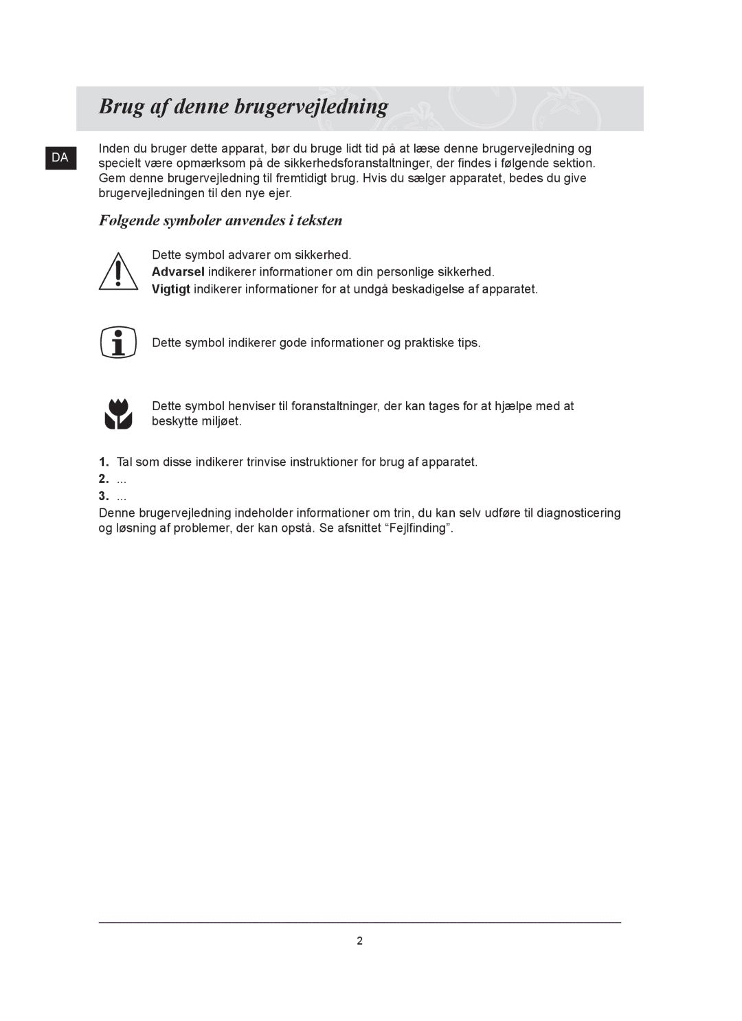 Samsung C61R2AAST/XEE manual Brug af denne brugervejledning, Følgende symboler anvendes i teksten 