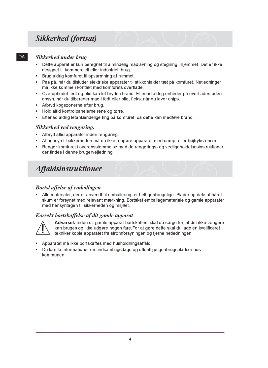 Samsung C61R2AAST/XEE manual Sikkerhed fortsat, Affaldsinstruktioner 