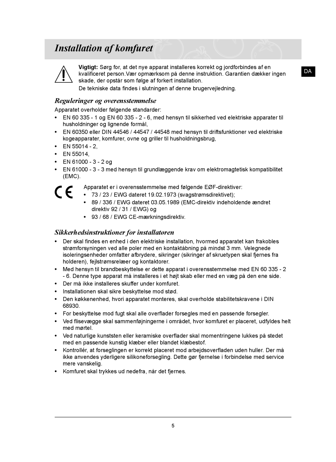 Samsung C61R2AAST/XEE manual Installation af komfuret, Reguleringer og overensstemmelse 