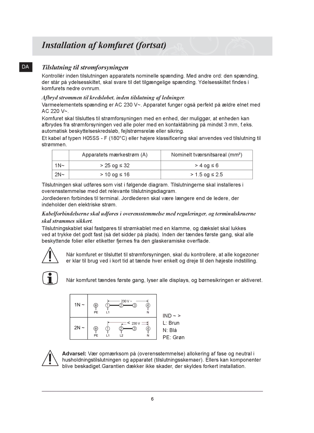 Samsung C61R2AAST/XEE manual Installation af komfuret fortsat, Tilslutning til strømforsyningen 