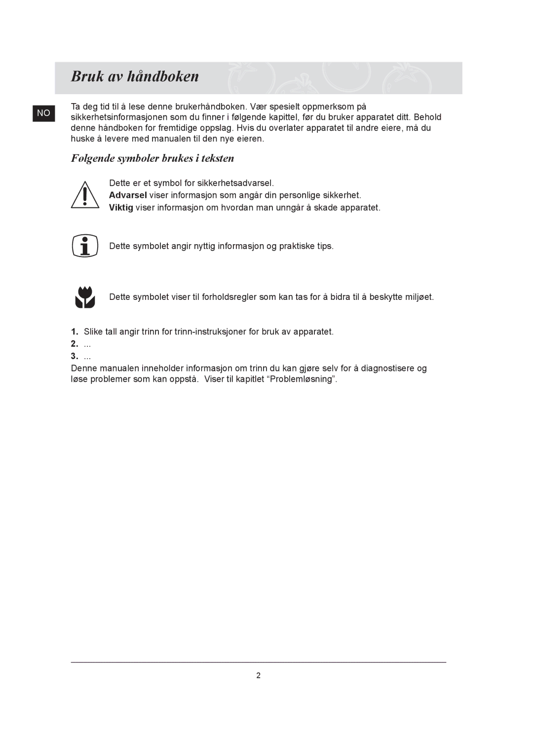 Samsung C61R2AAST/XEE manual Bruk av håndboken, Følgende symboler brukes i teksten 