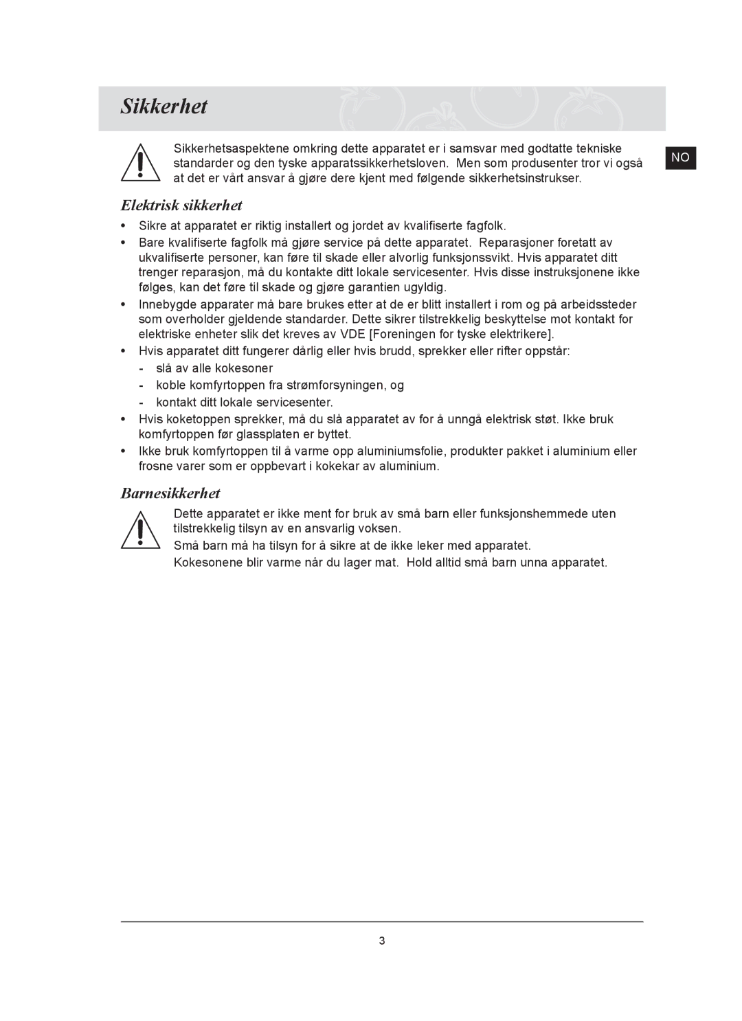 Samsung C61R2AAST/XEE manual Sikkerhet, Elektrisk sikkerhet, Barnesikkerhet 